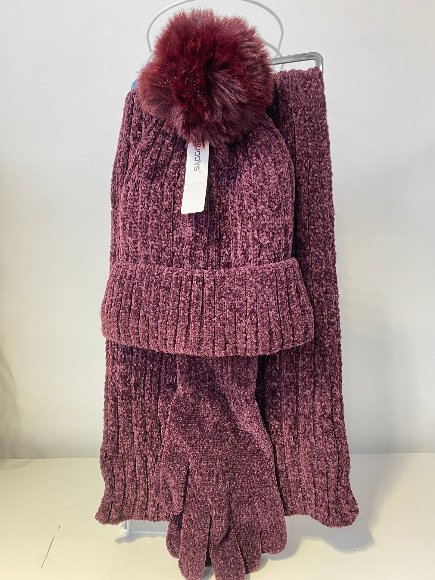 ST201 Chenille Beanie, Scarf & Gloves 3pcs Set Garnet