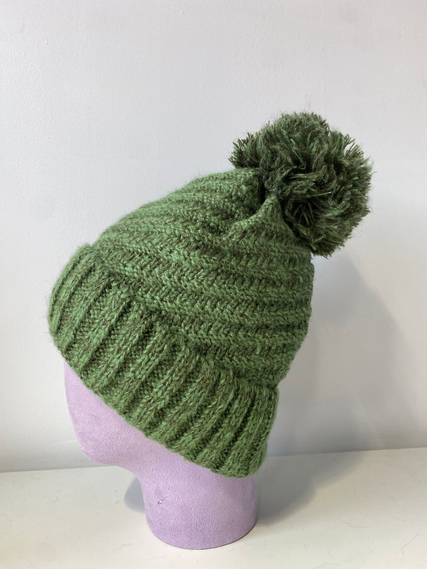 H410 Pom-Pom Textured Knit Beanie with Fleece Lining Army Green