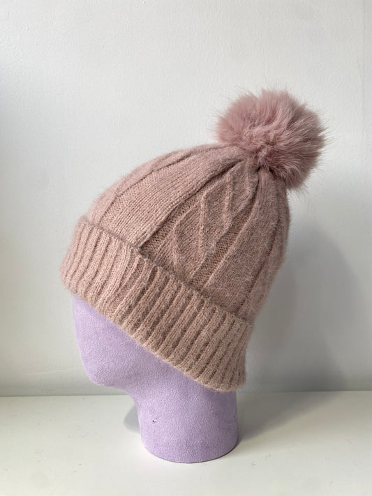 H405 Glitter Pom Fleece-Lined Beanie Pink