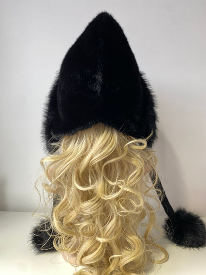 H503 Faux Fur Hood Style Hat With Pom Pom Black