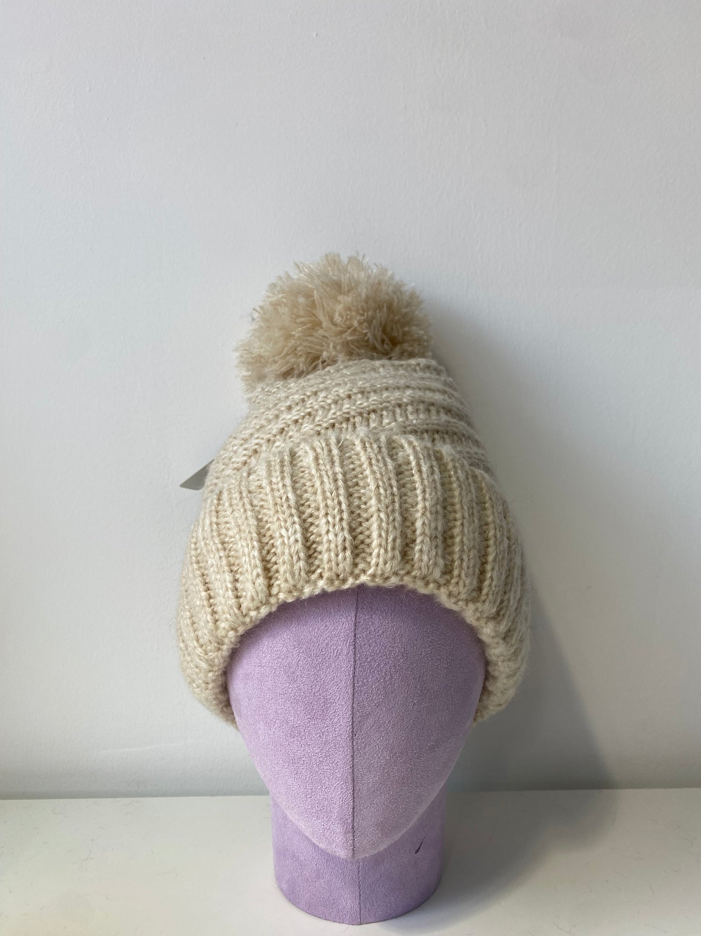 H410 Pom-Pom Textured Knit Beanie with Fleece Lining Beige