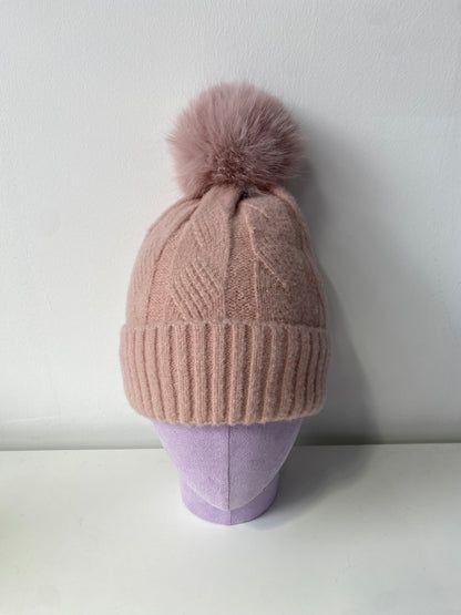 H004-1 Knit Pattern Pom Beanie Pink