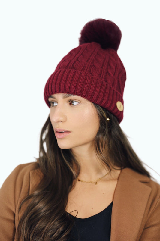 H004 Burgundy Textured Beanie Pom Pom Hat