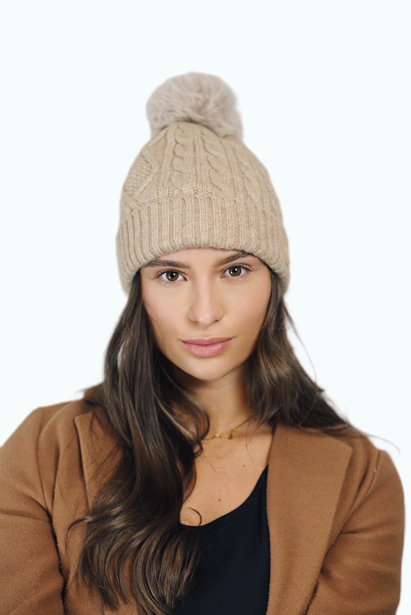 H004 Beige Textured Beanie Pom Pom Hat