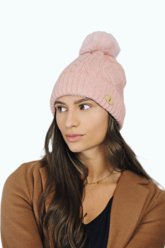 H004 Pink Textured Beanie Pom Pom Hat