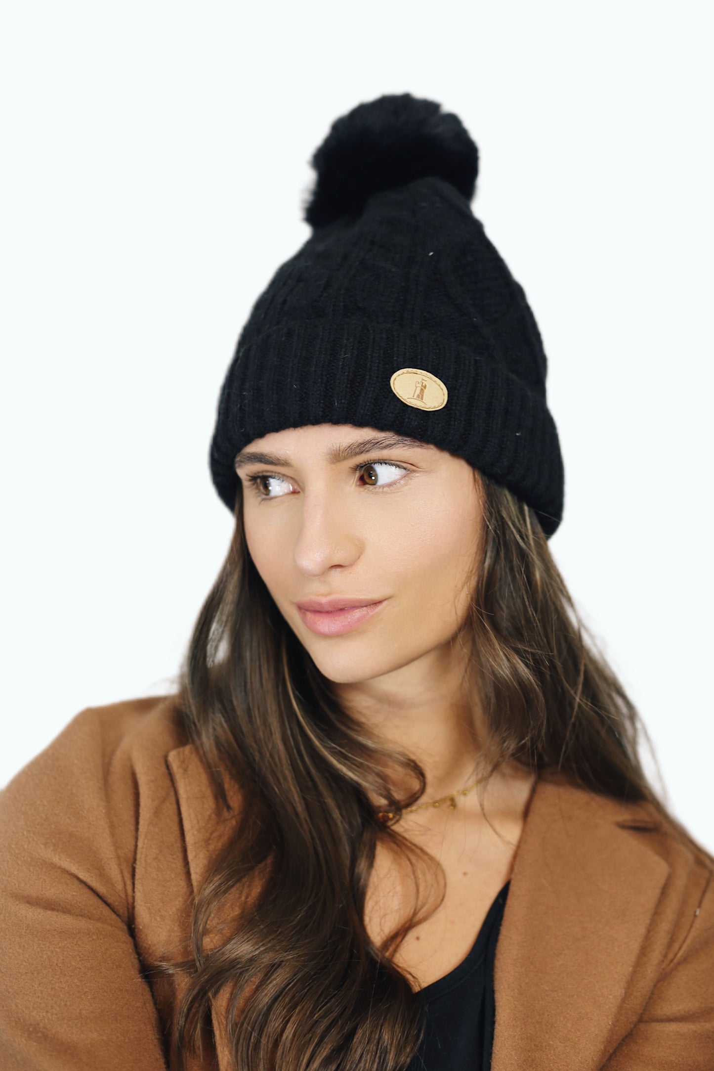 H004 Black Textured Beanie Pom Pom Hat