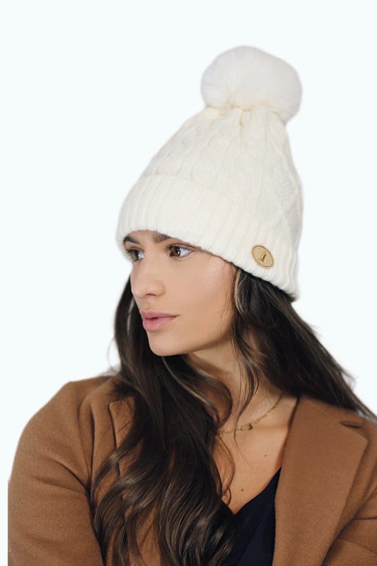 H004 Cream Textured Beanie Pom Pom Hat