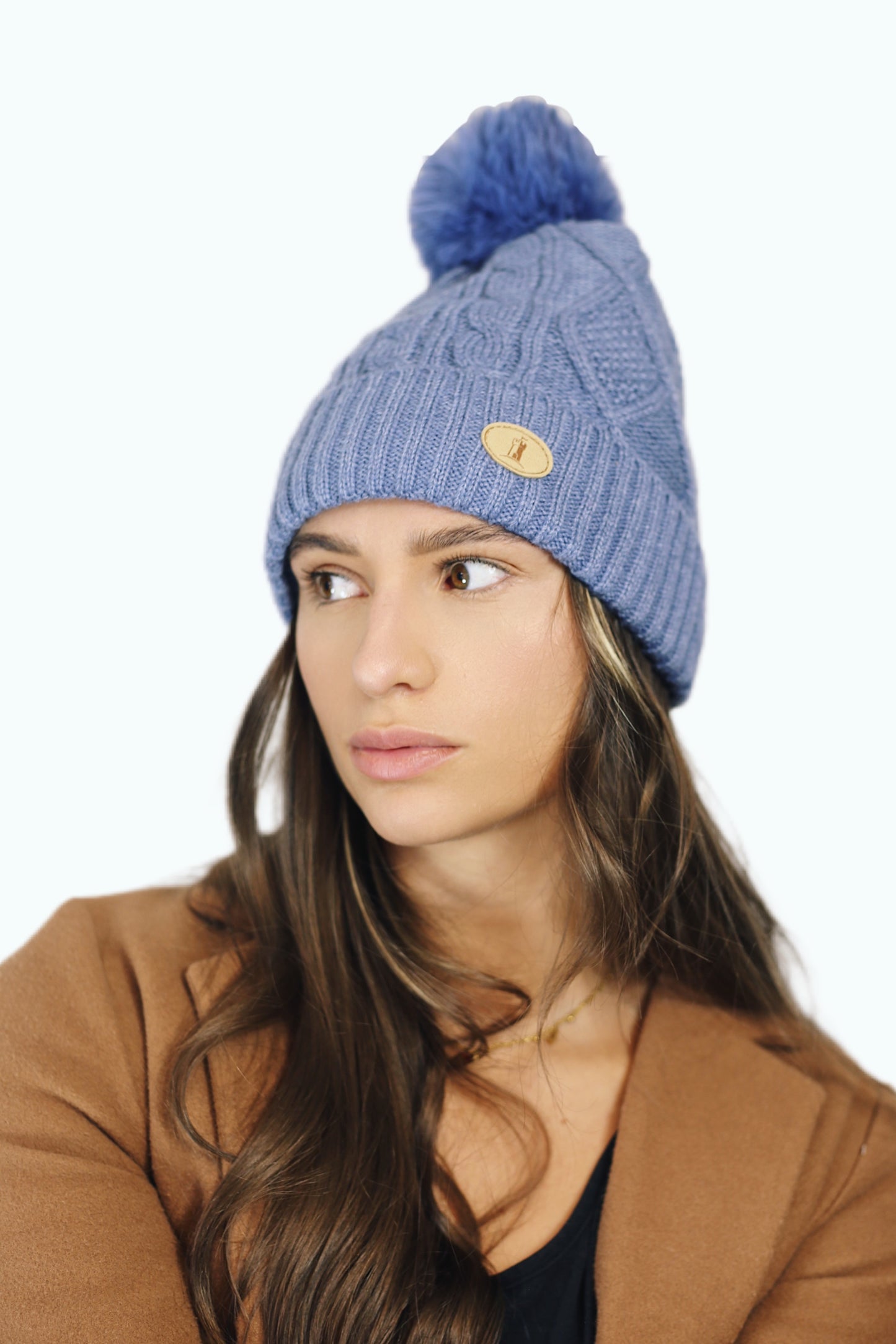 H004 Blue Textured Beanie Pom Pom Hat