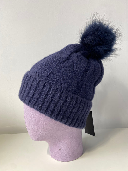 H004-1 Knit Pattern Pom Beanie Navy