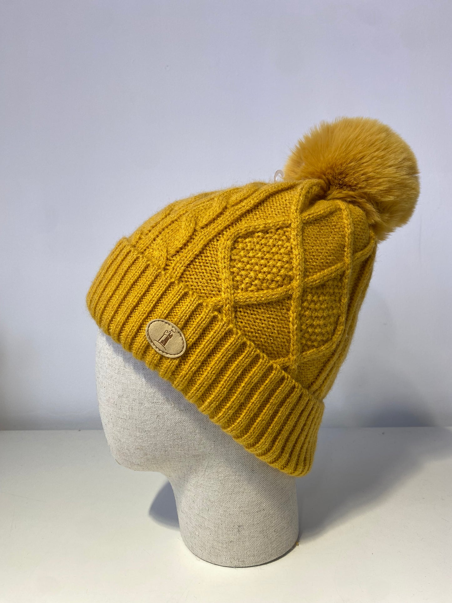 H004 Mustard Textured Beanie Pom Pom Hat