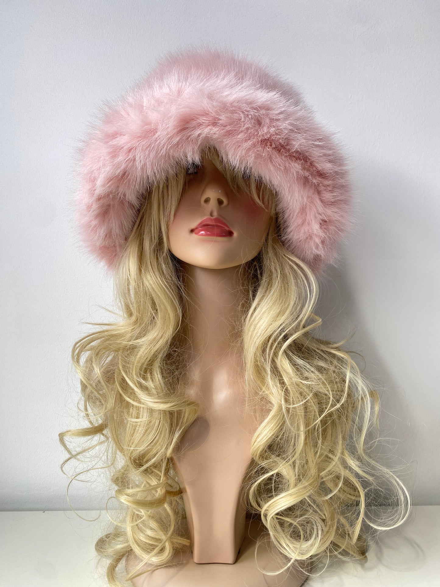 H006 Long-Pile Faux Fur Bucket Hat Pink