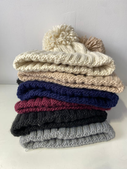 H409 Textured Knit Beanie with Pom-Pom Beige