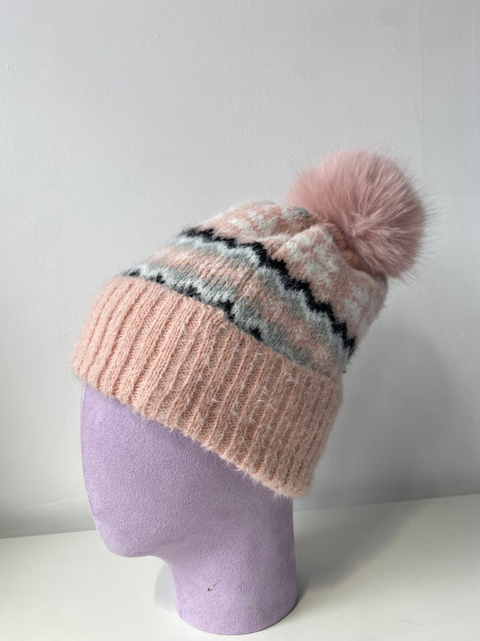 H407 Pom-Pom Patterned Fleece-Lined Beanie Pink