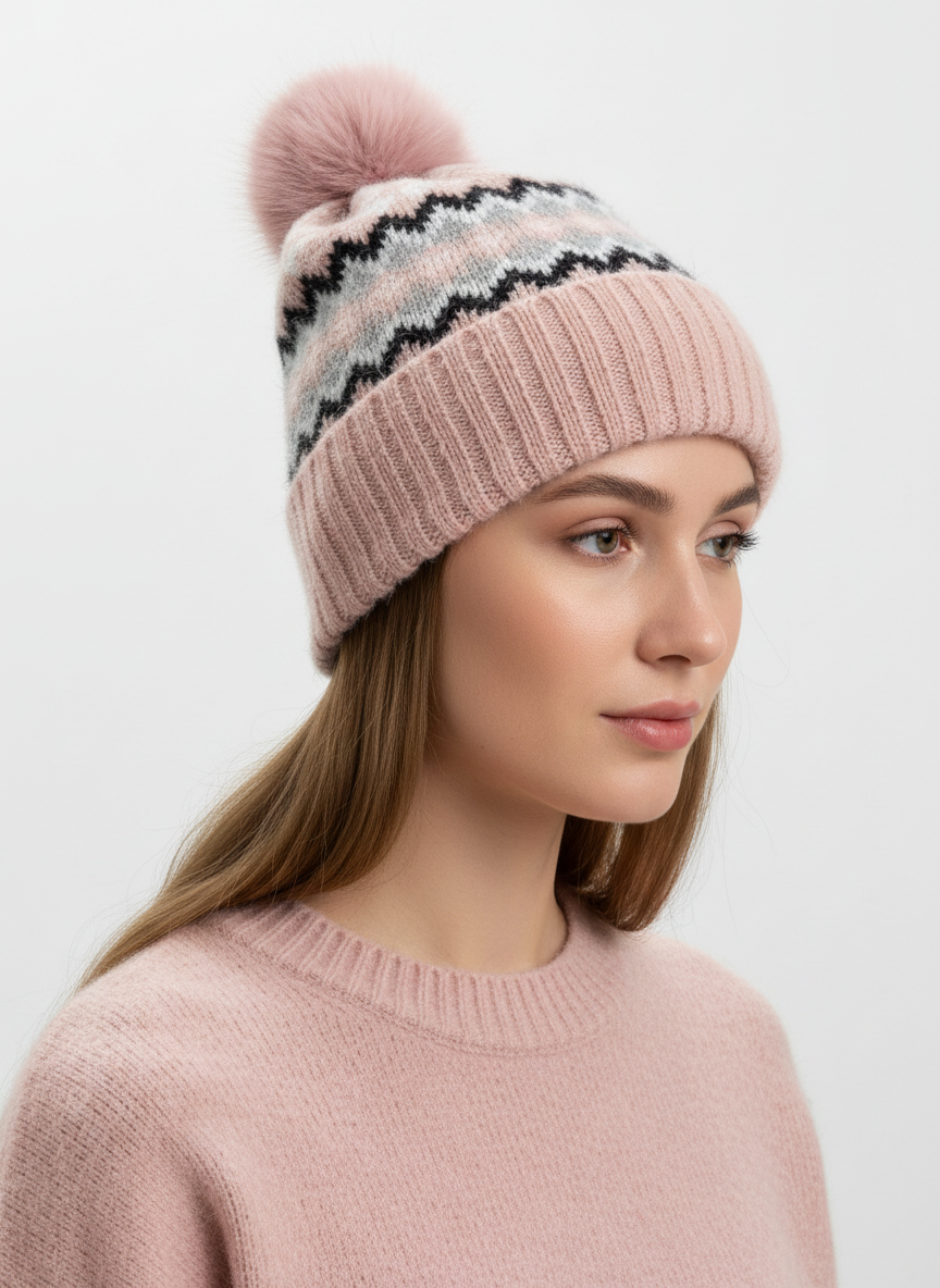 H407 Pom-Pom Patterned Fleece-Lined Beanie