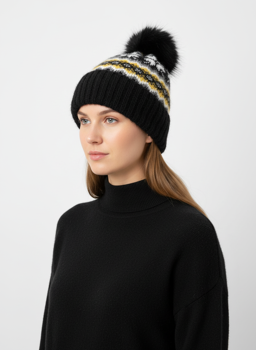 H407 Pom-Pom Patterned Fleece-Lined Beanie