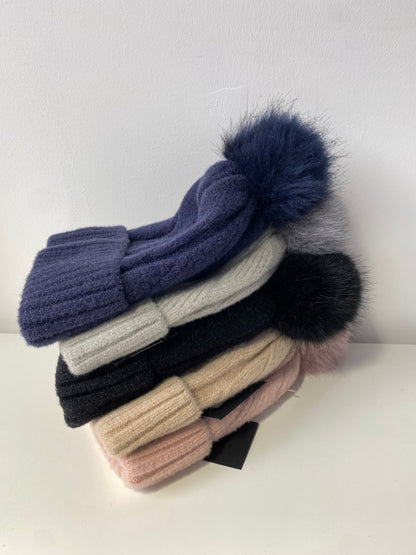 H004-1 Knit Pattern Pom Beanie Navy