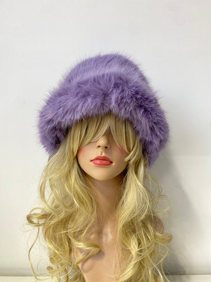 H006 Long-Pile Faux Fur Bucket Hat Lilac