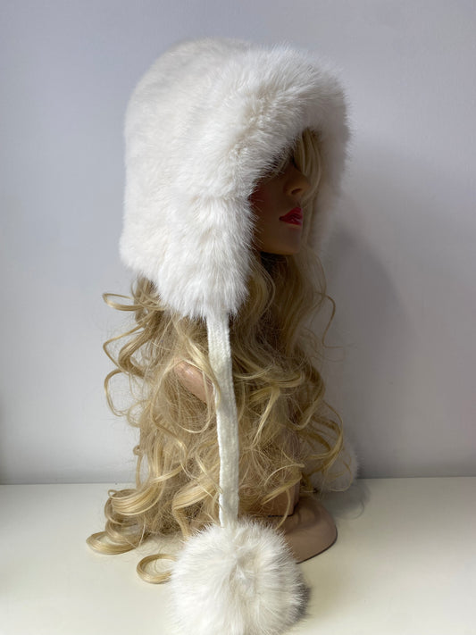 H503 Faux Fur Hood Style Hat With Pom Pom White