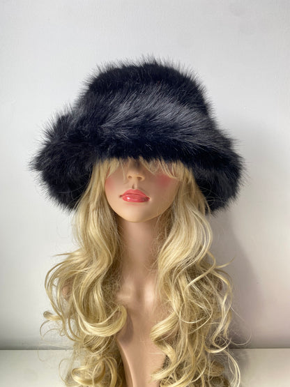 H006 Long-Pile Faux Fur Bucket Hat Black