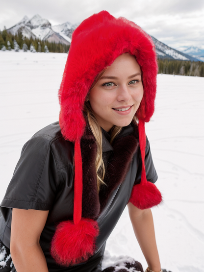 H503 Faux Fur Hood Style Hat With Pom Pom Red