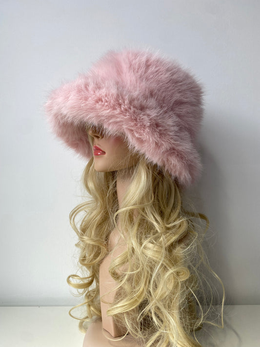 H006 Long-Pile Faux Fur Bucket Hat Pink