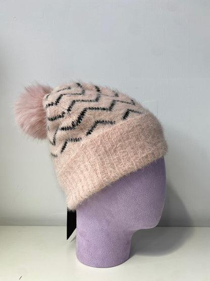 H404 Wavy Line Fleece-Lined Beanie Pink with Silver