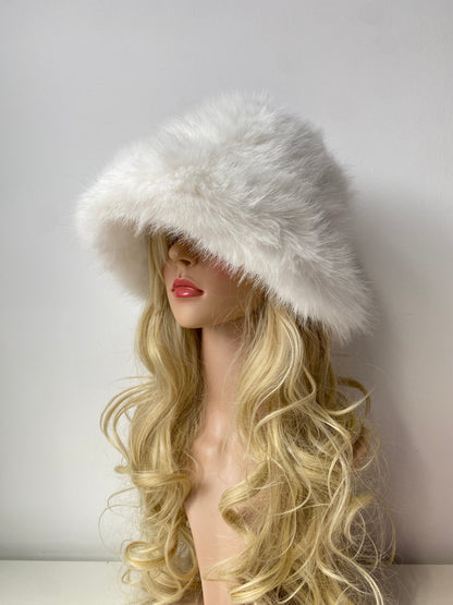 H006 Long-Pile Faux Fur Bucket Hat White