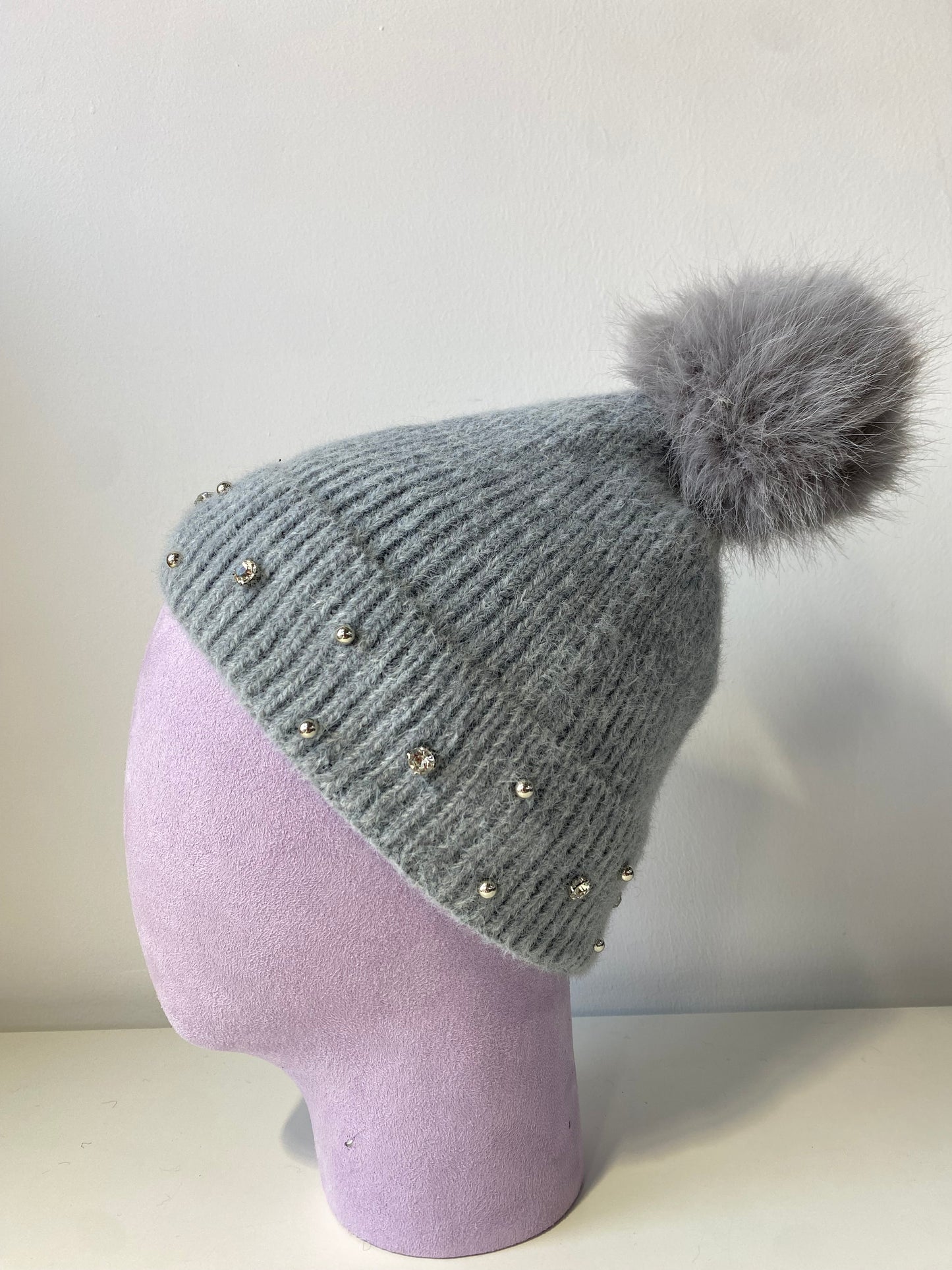 H403 Bejeweled Fleece-Lined Beanie Grey