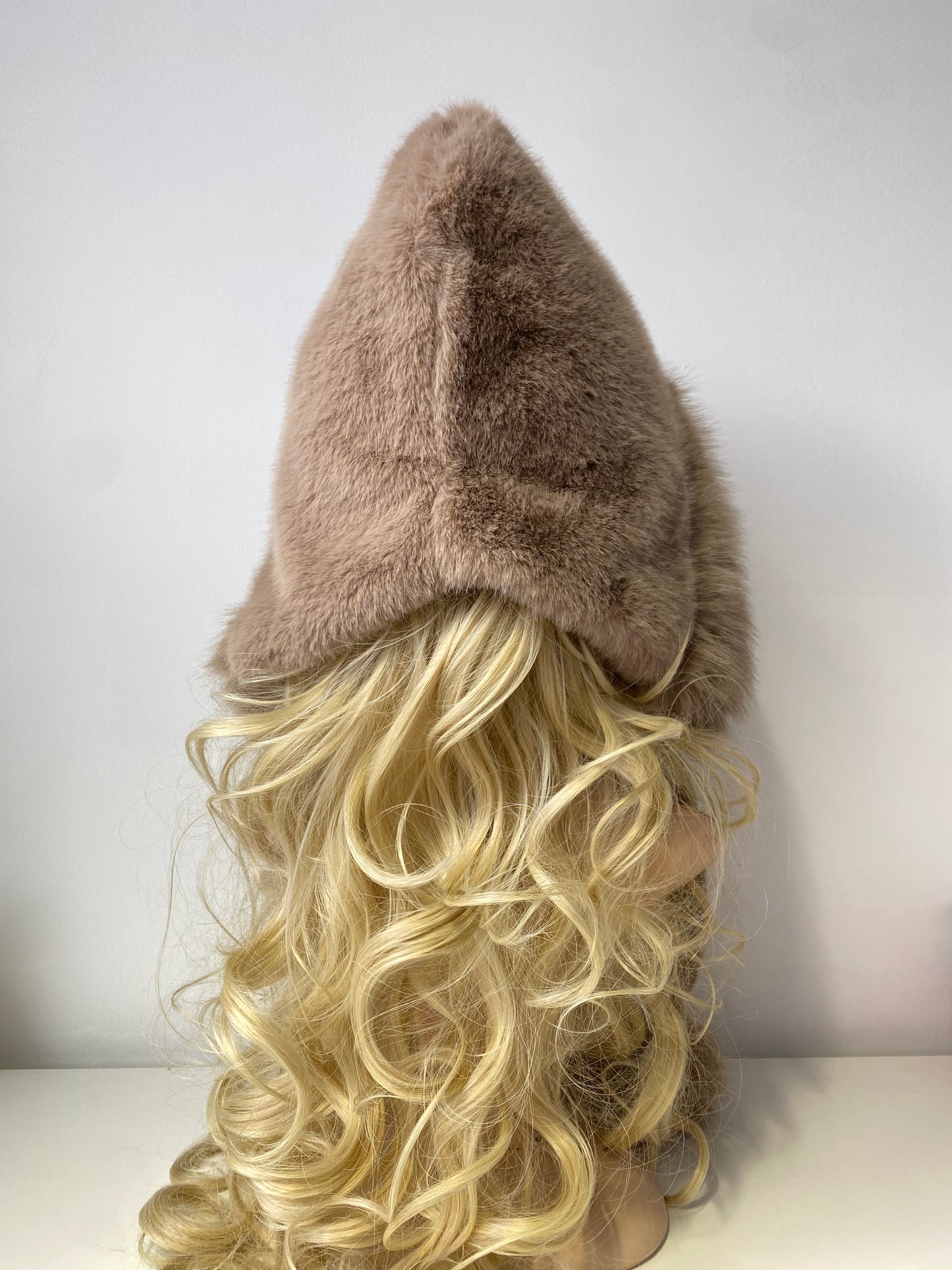 H503 Faux Fur Hood Style Hat With Pom Pom Camel