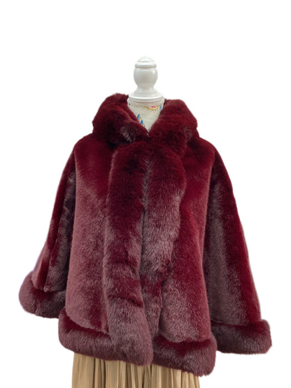 P4010 Faux Fur Poncho with Hood Burgundy