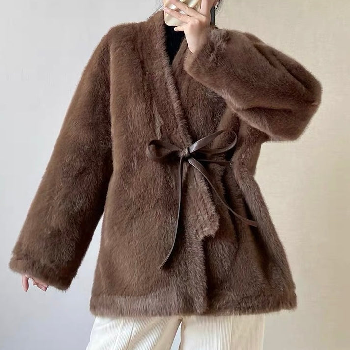 C804 One Size Fluffy Coat Brown