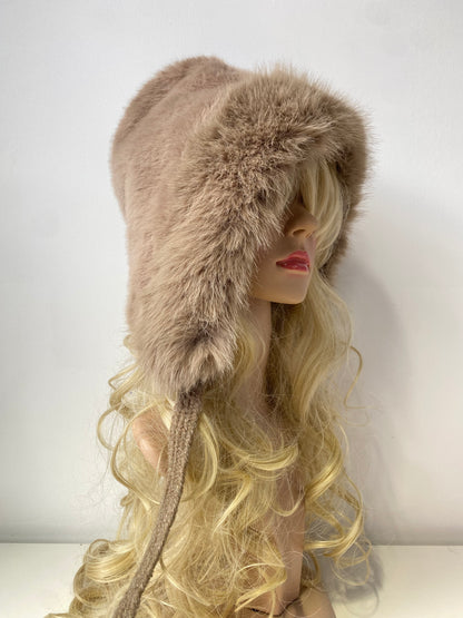 H503 Faux Fur Hood Style Hat With Pom Pom Camel