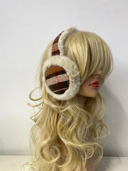 AE035 Foldable Checker Earmuffs Camel