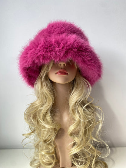 H006 Long-Pile Faux Fur Bucket Hat Fuchsia