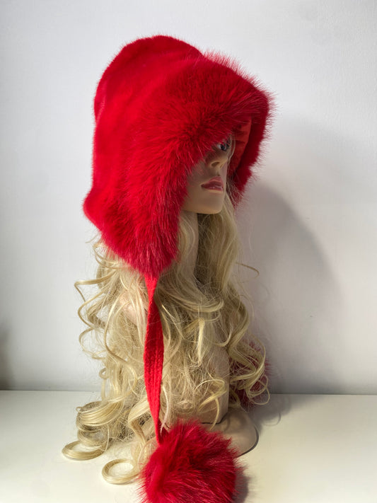 H503 Faux Fur Hood Style Hat With Pom Pom Red