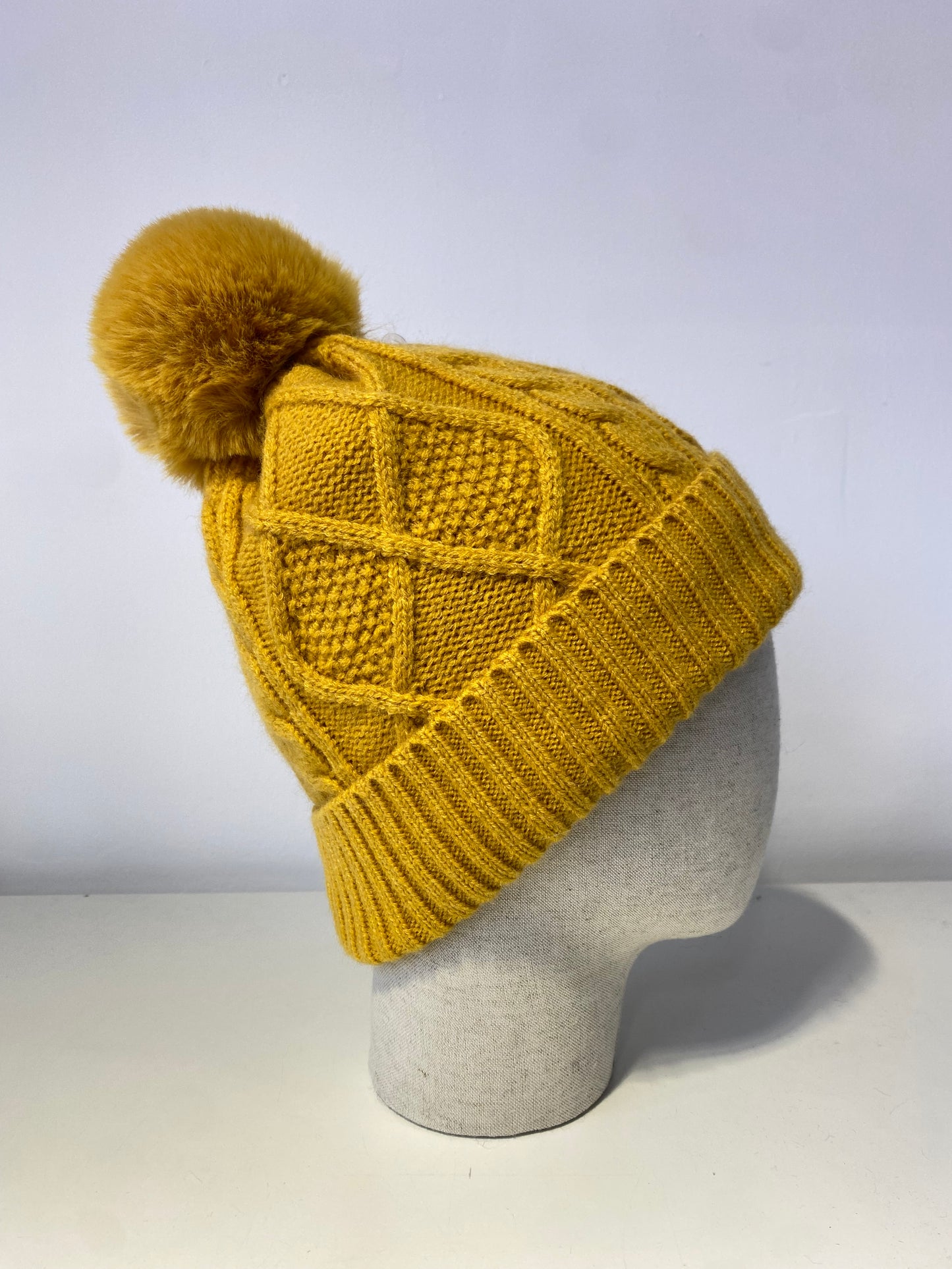 H004 Mustard Textured Beanie Pom Pom Hat