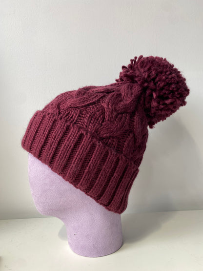 H409 Textured Knit Beanie with Pom-Pom Burgundy