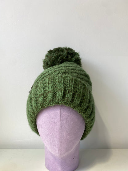 H410 Pom-Pom Textured Knit Beanie with Fleece Lining Army Green