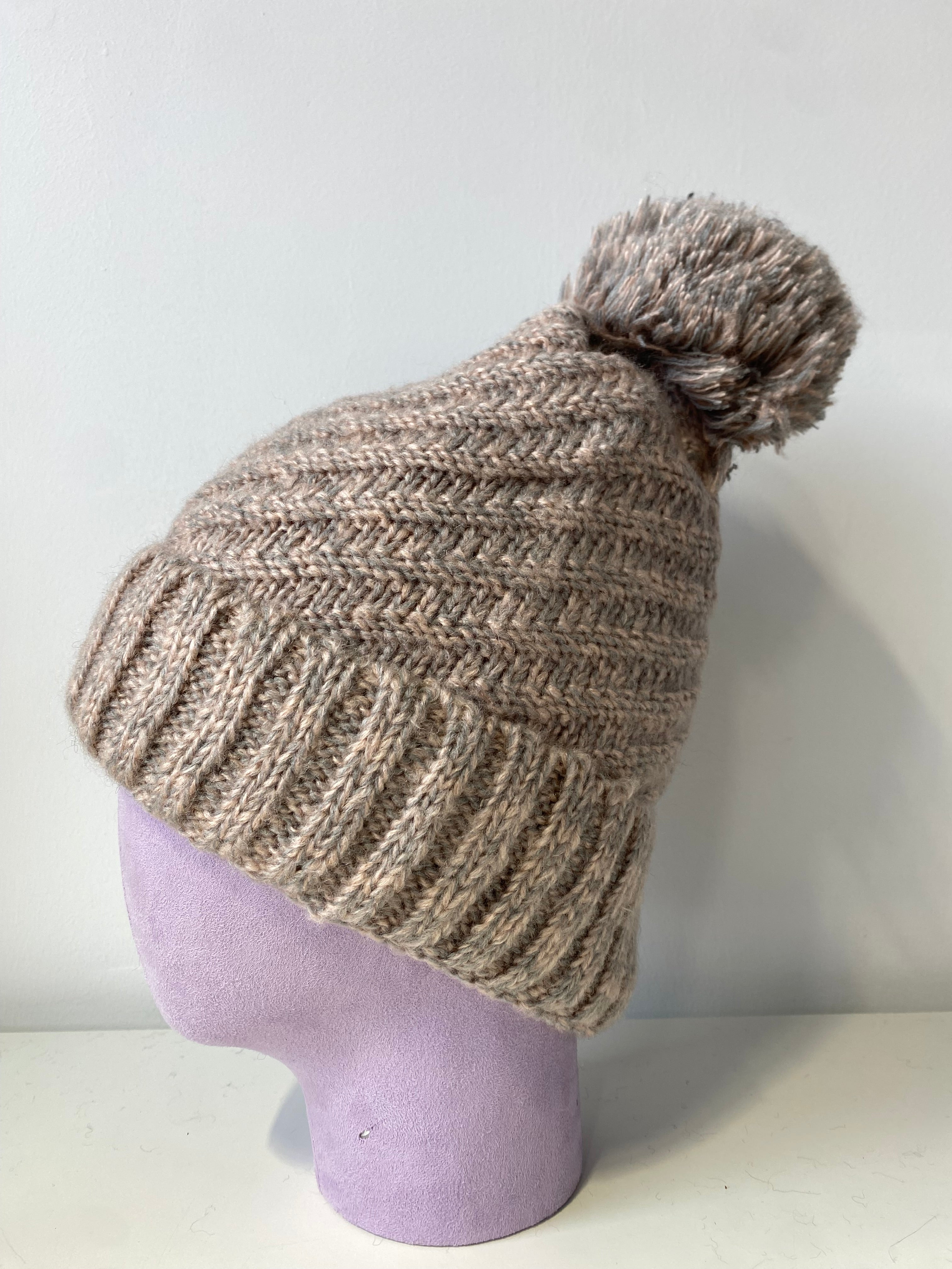 H410 Pom-Pom Textured Knit Beanie with Fleece Lining