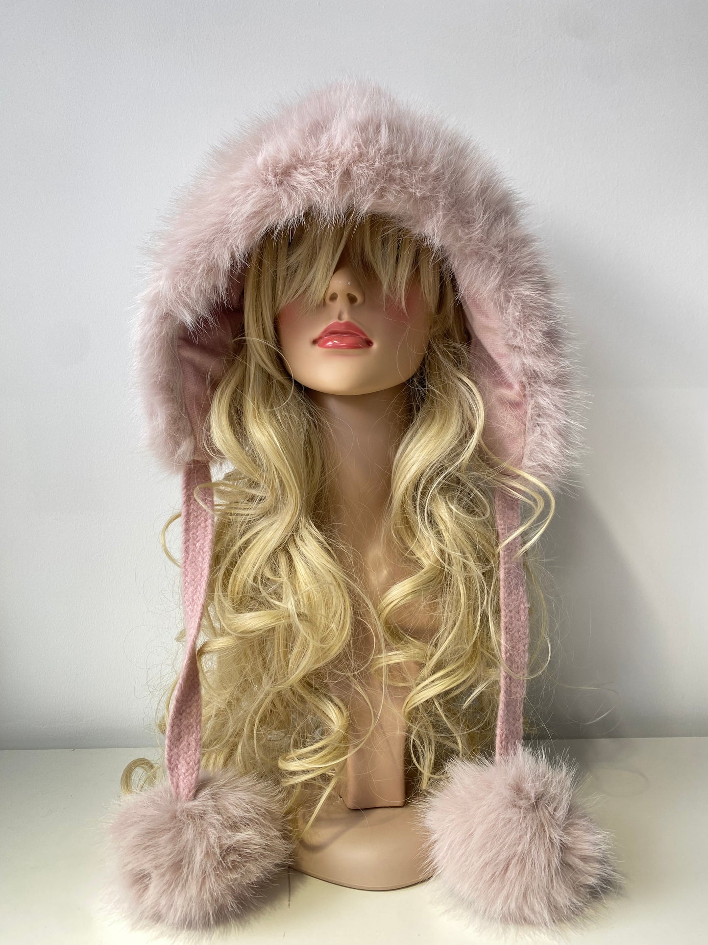 H503 Faux Fur Hood Style Hat With Pom Pom Pink