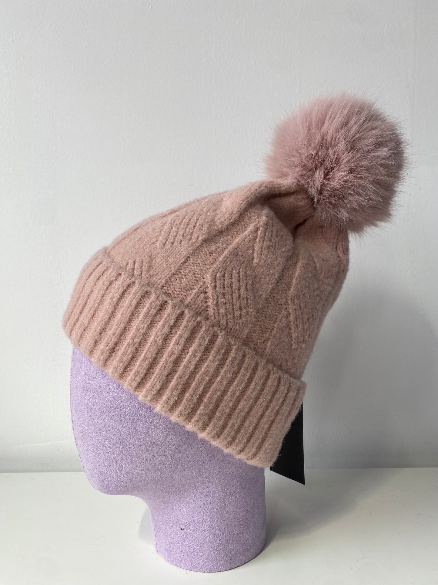 H004-1 Knit Pattern Pom Beanie Pink