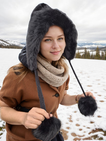 H503 Faux Fur Hood Style Hat With Pom Pom Black