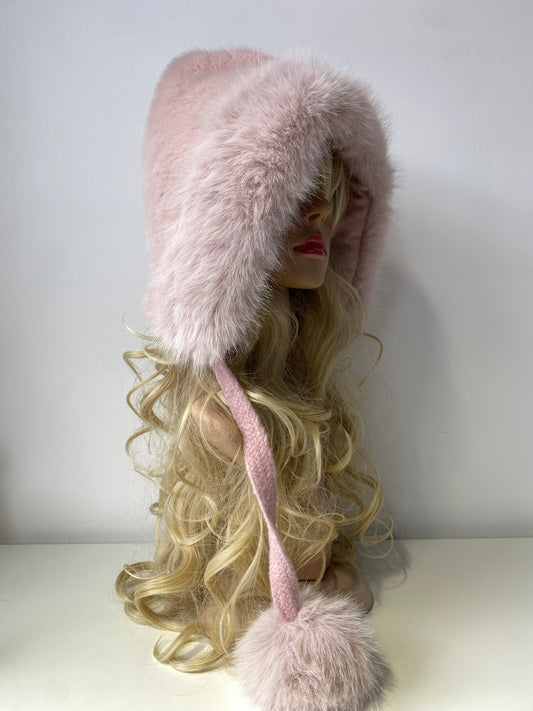 H503 Faux Fur Hood Style Hat With Pom Pom Pink