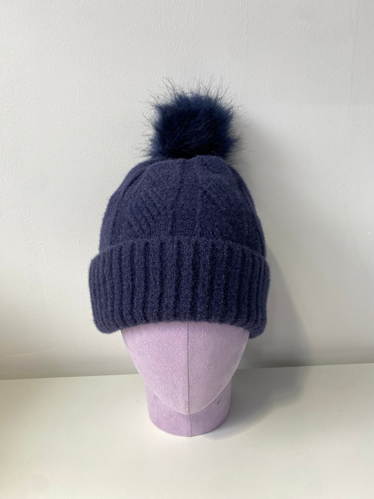 H004-1 Knit Pattern Pom Beanie Navy