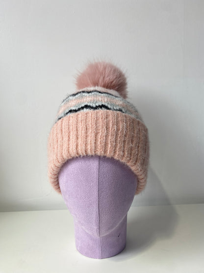 H407 Pom-Pom Patterned Fleece-Lined Beanie Pink