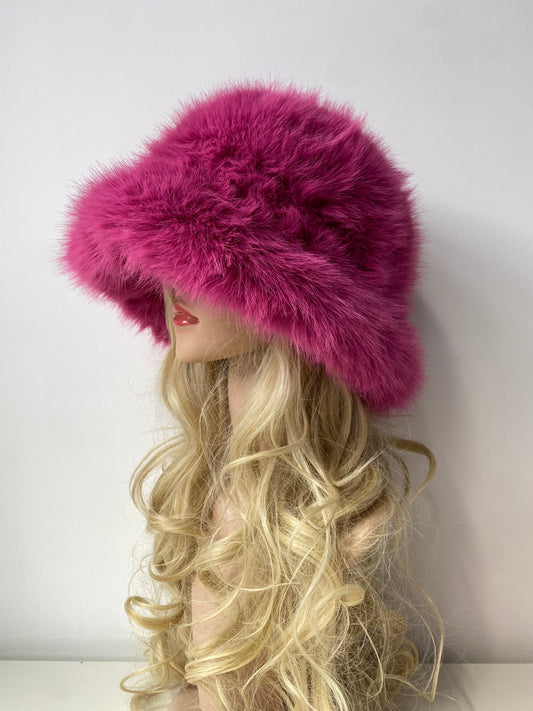 H006 Long-Pile Faux Fur Bucket Hat Fuchsia