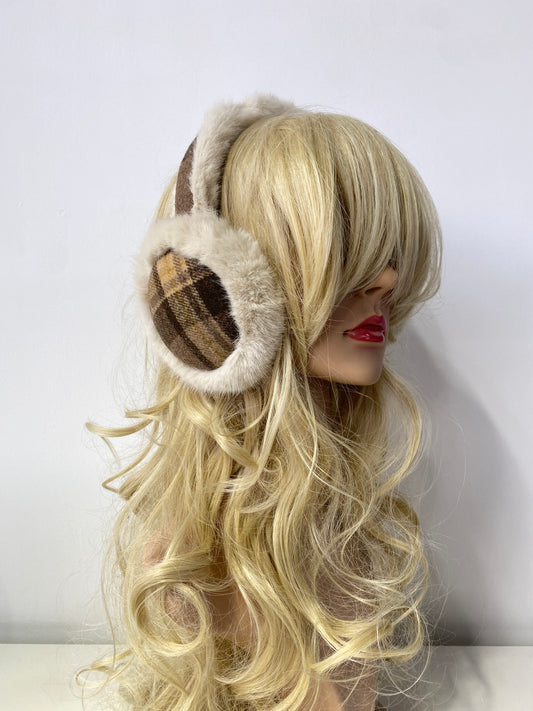 AE035 Foldable Checker Earmuffs Beige