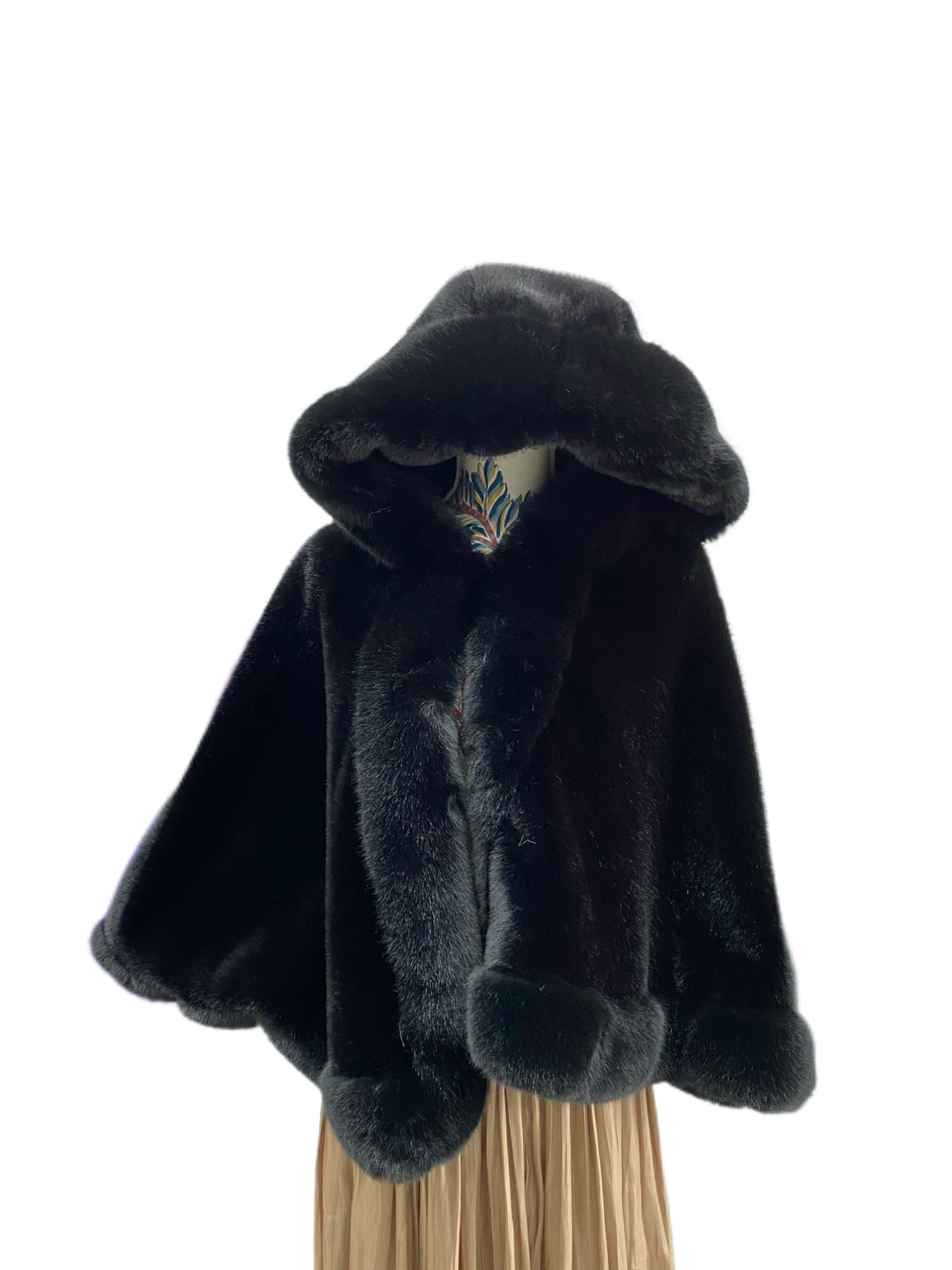 P4010 Faux Fur Poncho with Hood Black