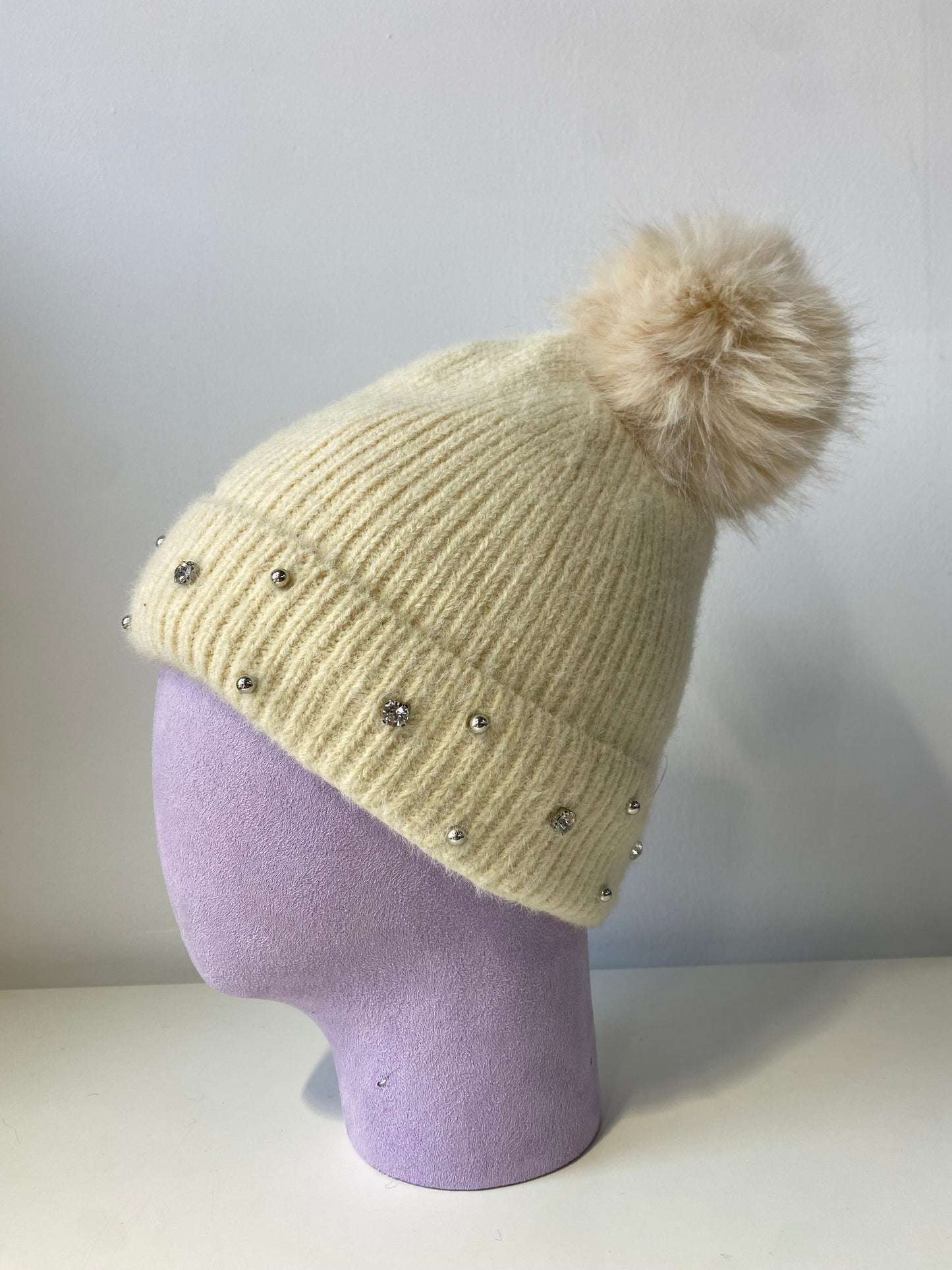 H403 Bejeweled Fleece-Lined Beanie Cream