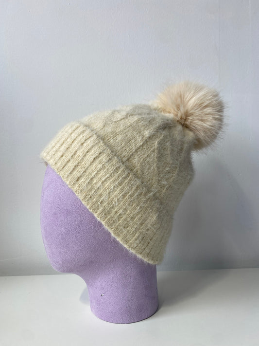 H405 Glitter Pom Fleece-Lined Beanie Cream